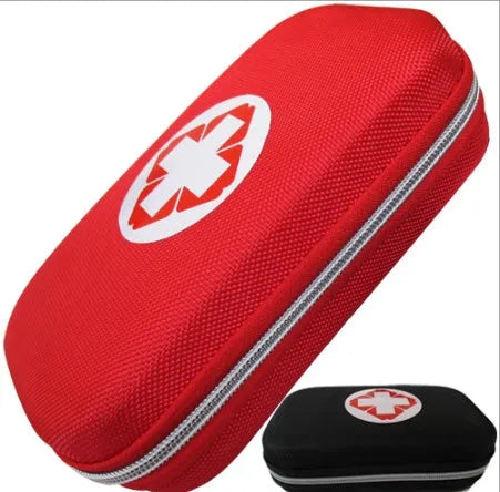 Red plastic survival first aid kit open to show 18-piece contents including bandages, scissors, and emergency blanket.