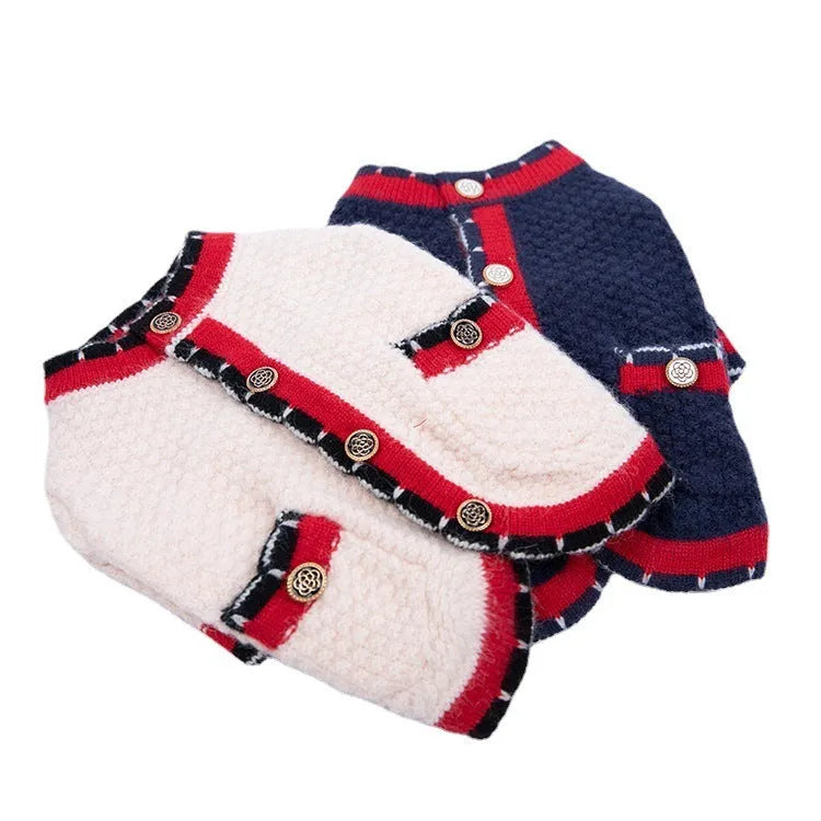 Blue wool knitted dog cardigan sweater with classic princess style design shown on mannequin