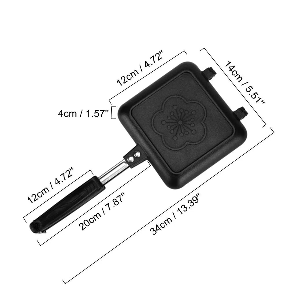 Black double-sided aluminium sandwich pan measuring 34cm with heat-proof handle for cooking