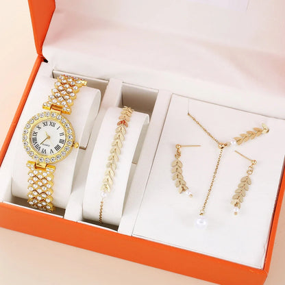 Diamond women's watch with rhinestone quartz bracelet in golden, silver, and rose gold suits