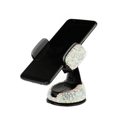 Diamond-encrusted car phone holder mounted on air vent with smartphone securely attached