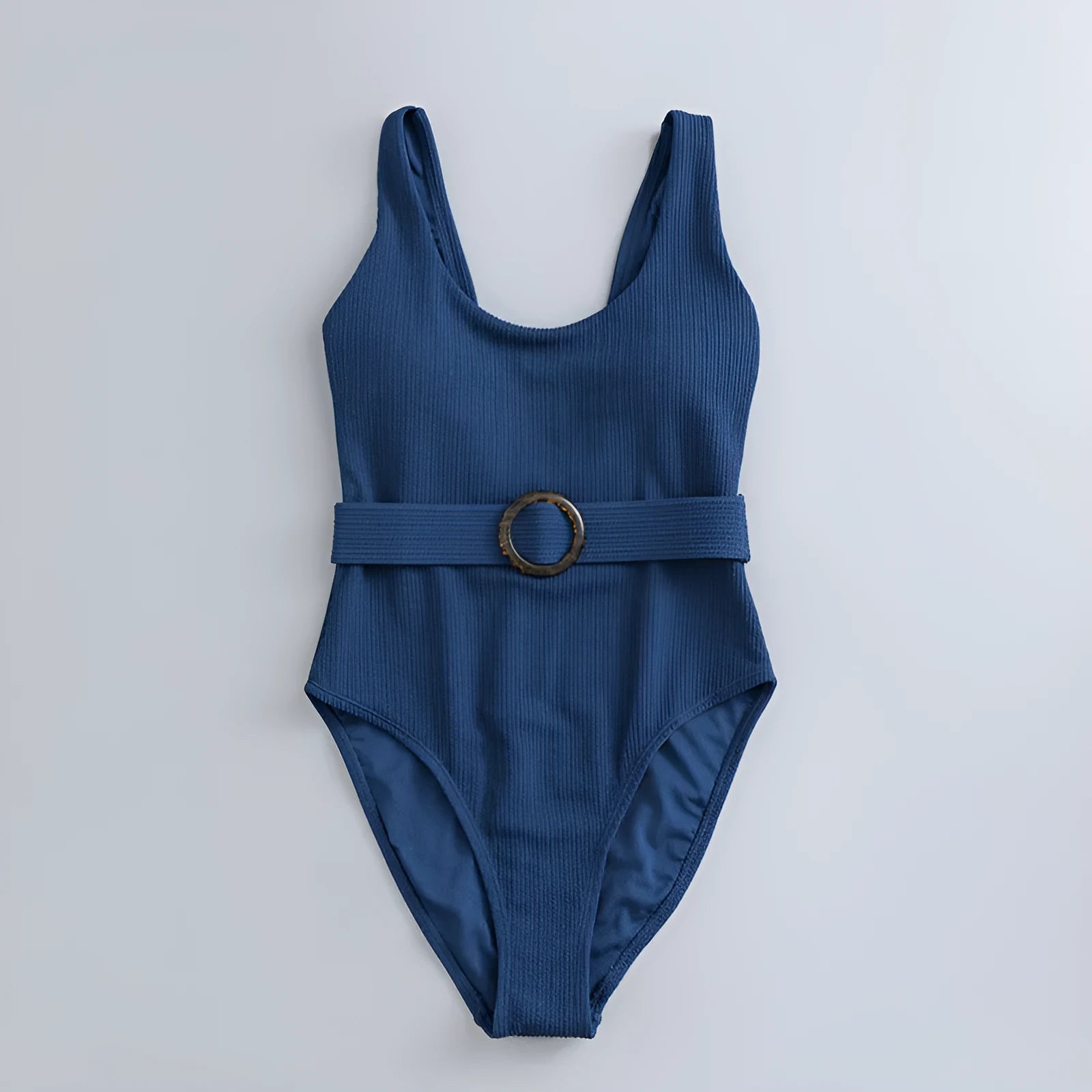 Navy blue women's one-piece swimsuit with slimming triangle design and chest pad for swimming