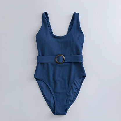 Navy blue women's one-piece swimsuit with slimming triangle design and chest pad for swimming