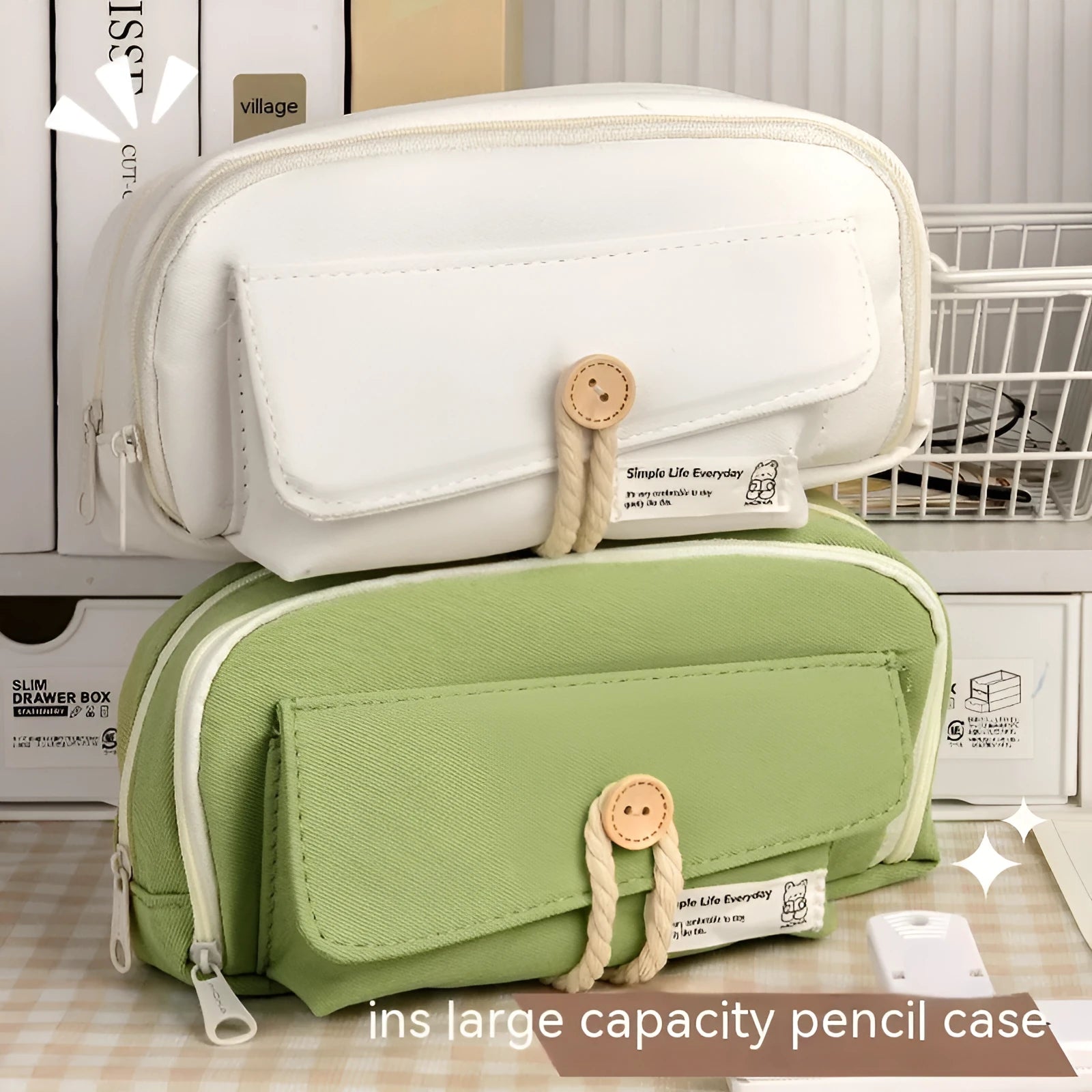 Korean style canvas pencil case with button closure, shown in beige, holding multiple pens.