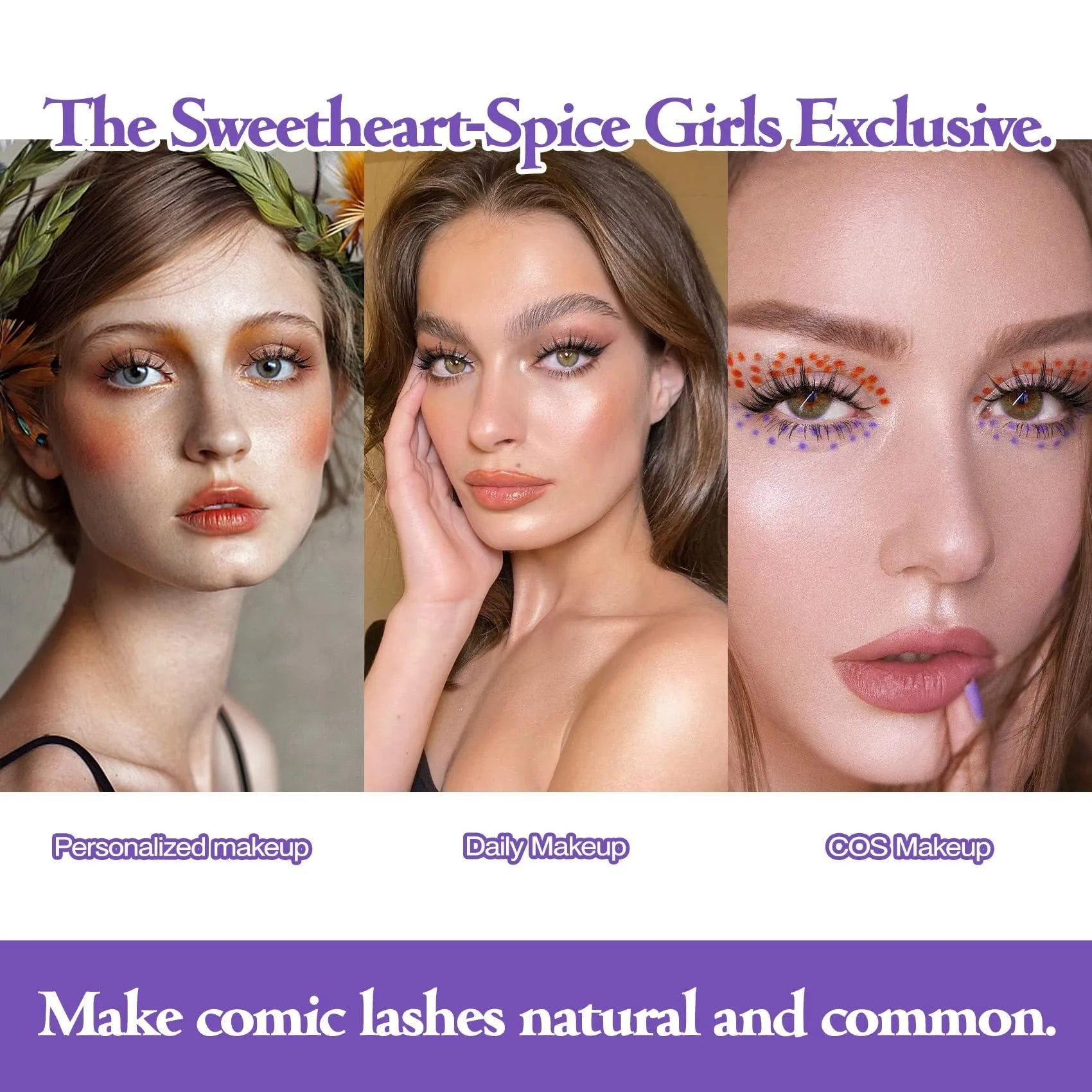 Three styles of black anime false eyelashes on a white background from a 15-pair pack.