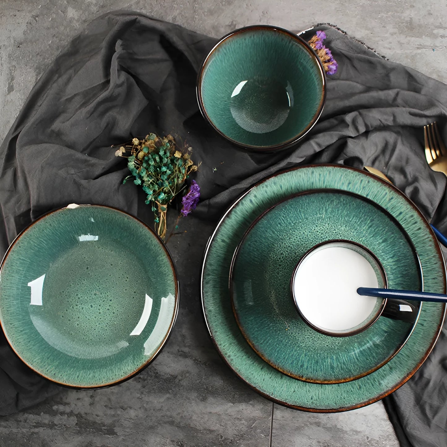 Retro European style porcelain bowls and plates set with round shape on dining table