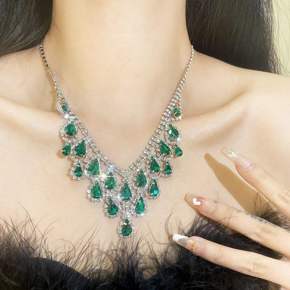 Rhinestone drop tassel necklace set with emerald alloy pendant and 51-80cm clavicle chain