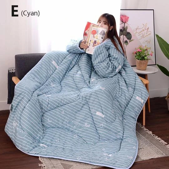 Cozy heated blanket with sleeves for comfortable lounging and hands-free relaxation