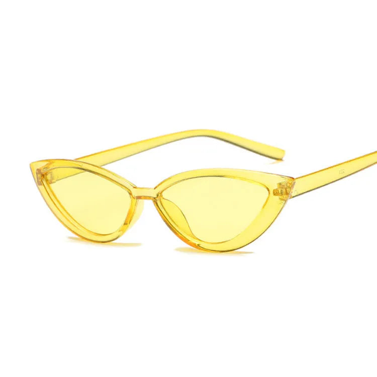 Cat eye sunglasses with PC frame, available in black, blue, grey, pink, purple, red, and yellow.