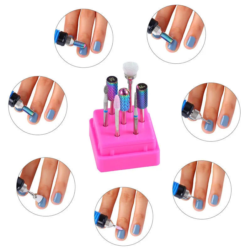 Set of six tungsten steel nail drill bits and a brush in a clear plastic case.