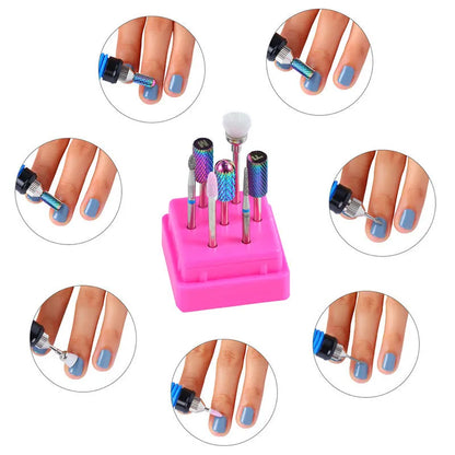 Set of six tungsten steel nail drill bits and a brush in a clear plastic case.