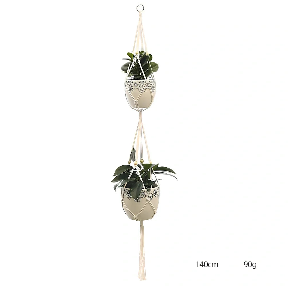 Hand-knitted cotton flowerpot net bag showing intricate pattern and hanging installation with plant