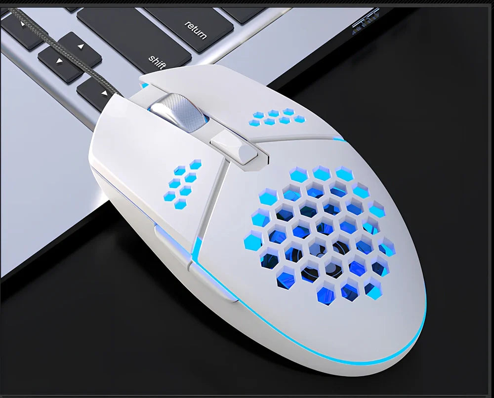 Black wired optical gaming mouse with cooling fan holes and ergonomic rat-sized design for desktop use