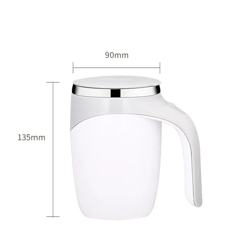 White automatic stirring coffee cup with magnetic mixing technology and modern design