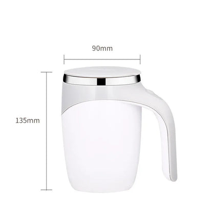 White automatic stirring coffee cup with magnetic mixing technology and modern design