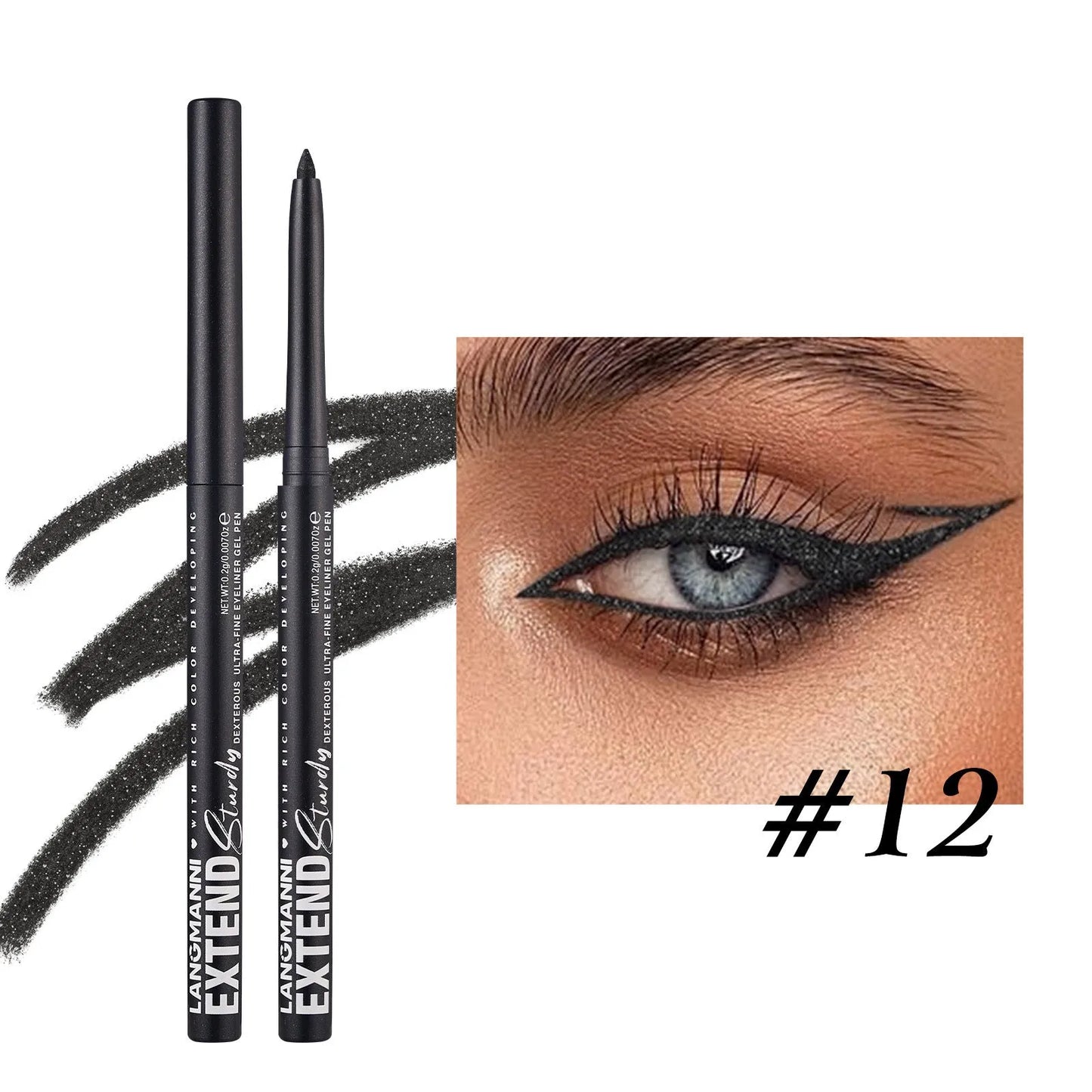 Set of 12 colourful gel glitter eyeliner pencils with matte metallic pearl finishes in waterproof smudgeproof formula