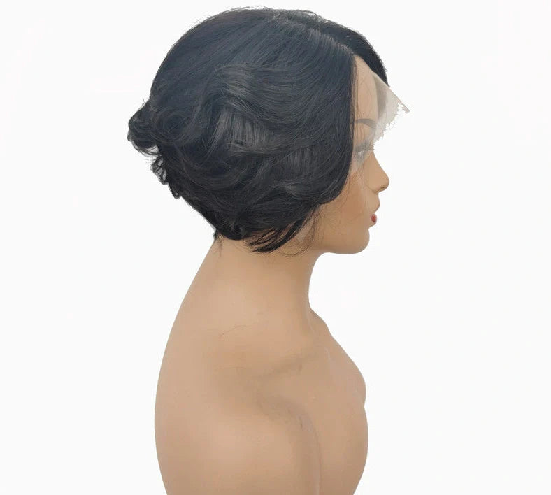 Short real human hair lace wig with oblique bangs and natural hairline appearance