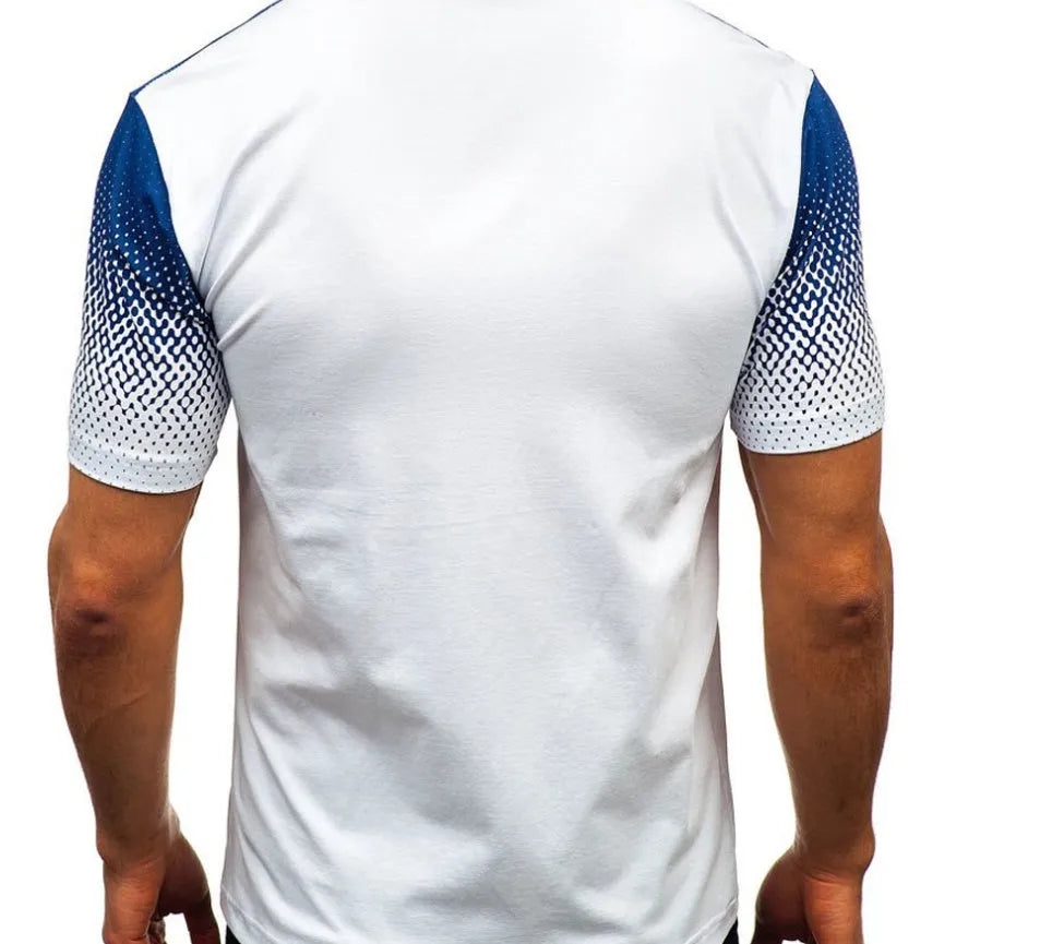Cotton rich lapel print short sleeve top with polka dot pattern in white, shown on a plain background.