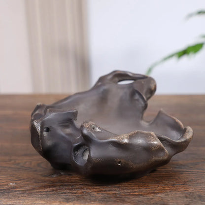 Brown mud ceramic flower pot with Taihu Lake stone shaped form, 21x10x7cm, for desktop bamboo and orchid planting