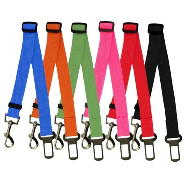 Adjustable dog seat belt with secure clip and buckle for attaching to pet harness and vehicle seatbelt