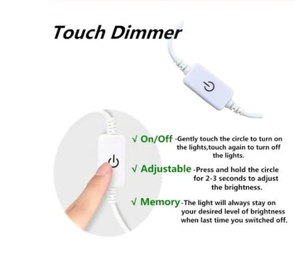 Customizable sewing machine LED light bar with touch-sensitive dimming controls for precise illumination