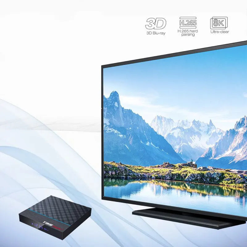 Black T95 Max Plus Android TV Box set-top unit with remote control on a wooden surface.