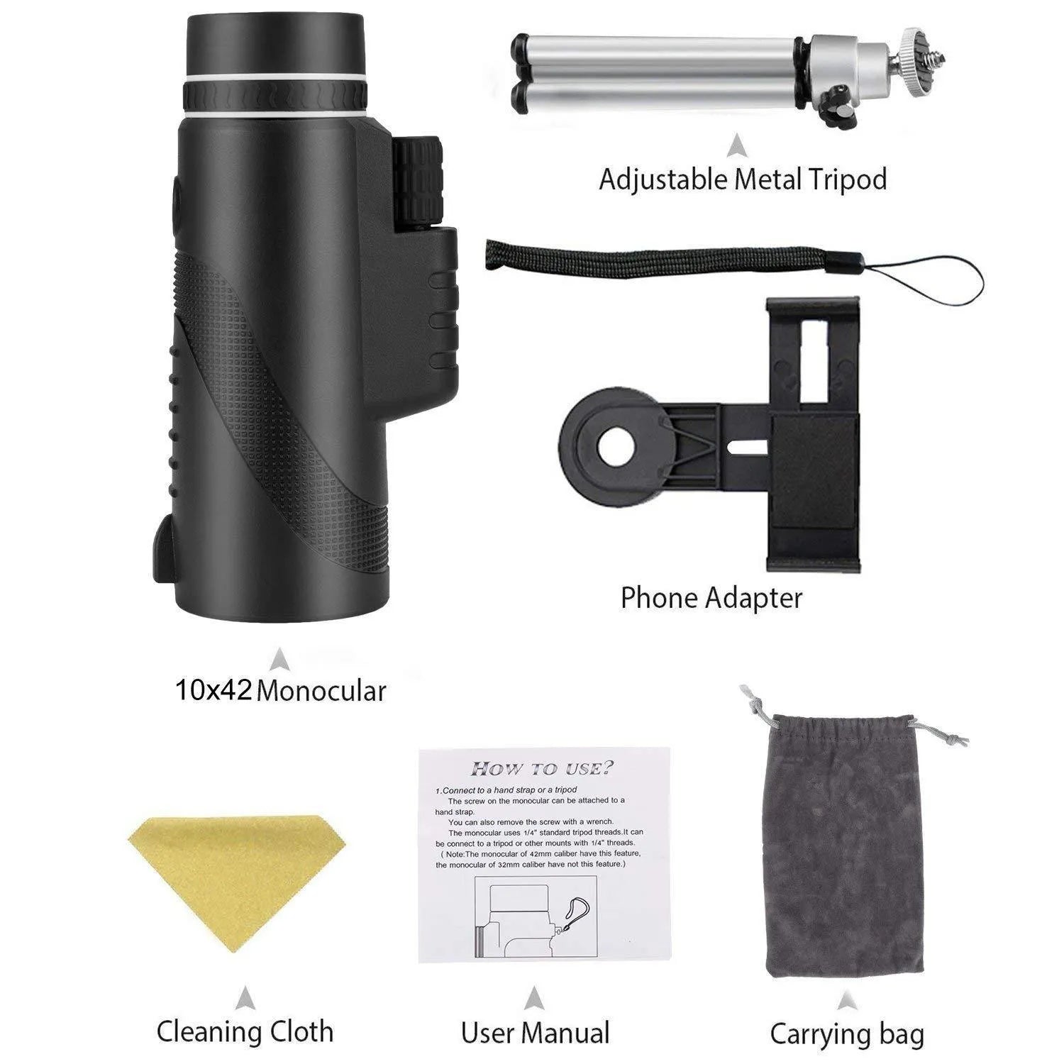 Black HD 40x60 monocular telescope with smartphone attached, showing 40x magnification and compact design.