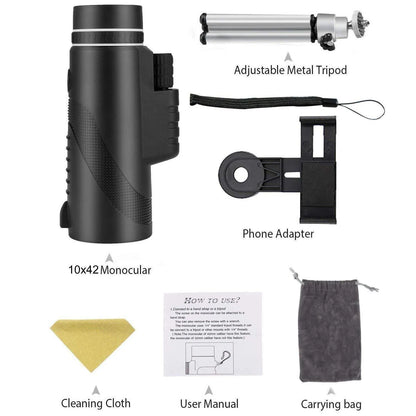 Black HD 40x60 monocular telescope with smartphone attached, showing 40x magnification and compact design.