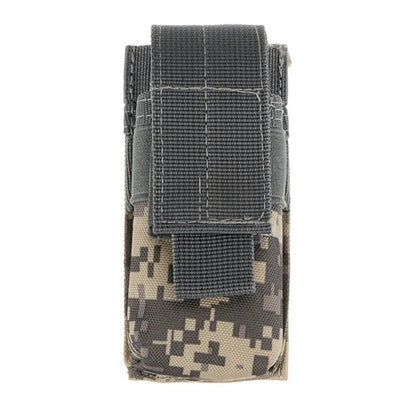 Black tactical MOLLE waist pouch with elastic cord closure, shown mounted on a belt next to a pistol magazine.