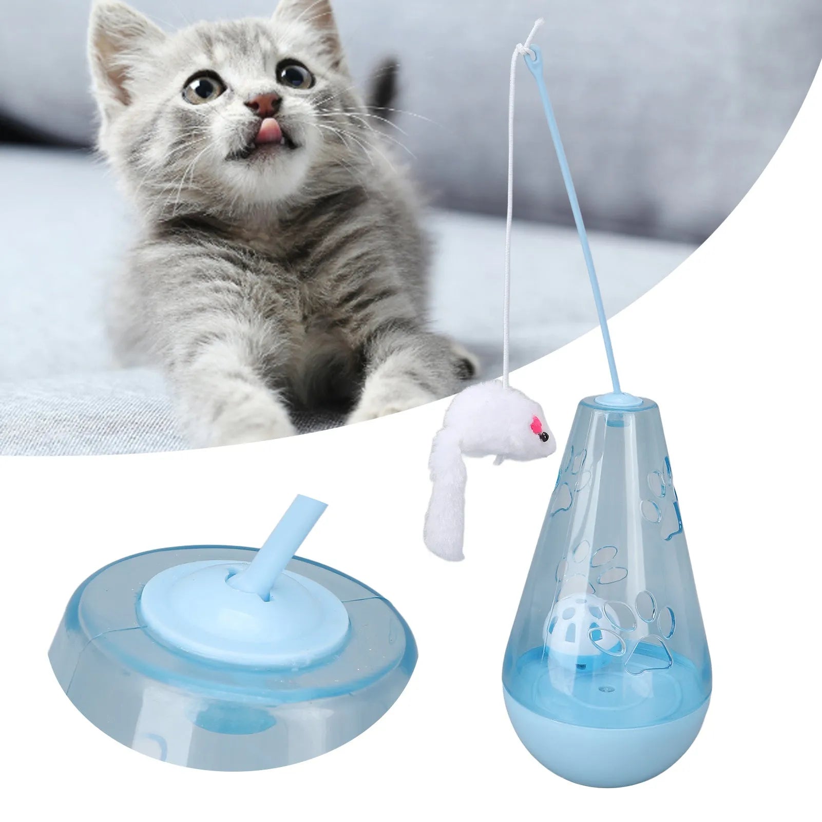 Blue and yellow cat toy with bell ball and plush mouse wand for indoor play