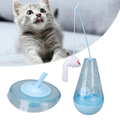 Blue and yellow cat toy with bell ball and plush mouse wand for indoor play