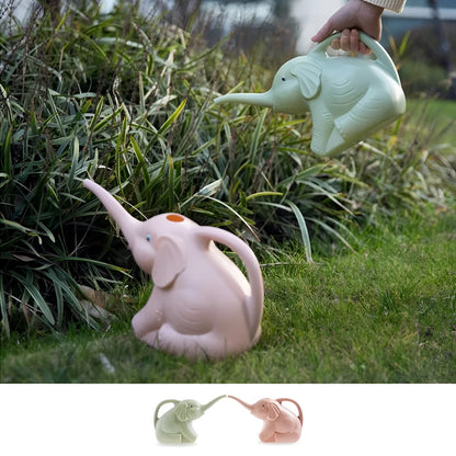 A pink children's elephant-shaped watering can with a long nozzle and baby bottle handle for gardening.