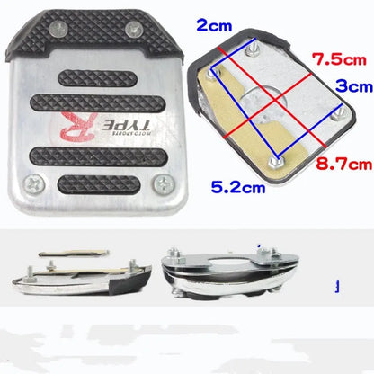 Metal motorcycle brake pedal skid plate showing three style options