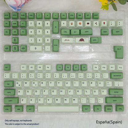 Matcha-themed PBT keycap set with 124 keys and dye-sublimated legends in multiple languages