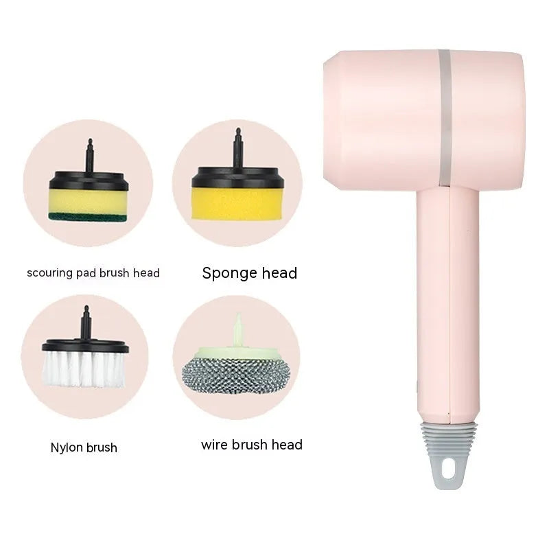 Green electric cleaning brush with multiple brush heads on a kitchen worktop.
