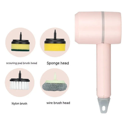 Green electric cleaning brush with multiple brush heads on a kitchen worktop.