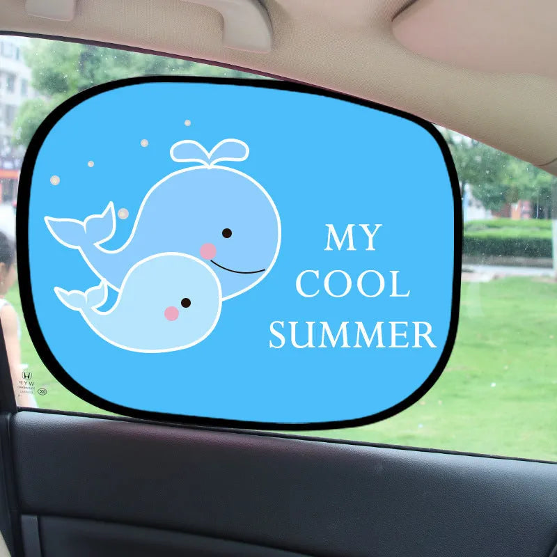 Electrostatic adsorption side window sun block car sunshade general fit, constructed from black nylon mesh, suitable for giraffe pair, lion pair, submarine whale pair, and two whales pair vehicle styles to reduce interior heat and glare.