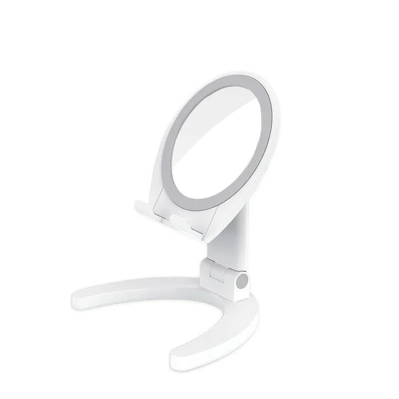 Adjustable phone stand with built-in makeup mirror for hands-free viewing and on-the-go grooming