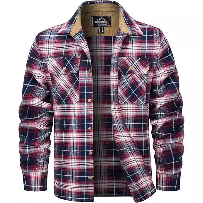 Men's polyester flannel button shirt in plaid pattern showing colour options and button-front design
