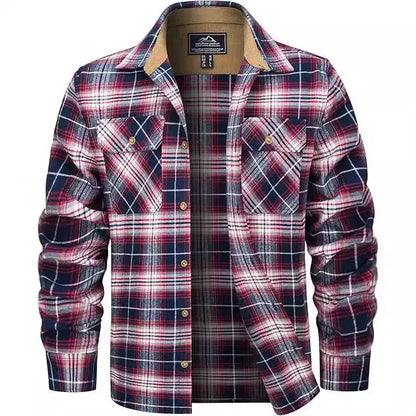 Men's polyester flannel button shirt in plaid pattern showing colour options and button-front design