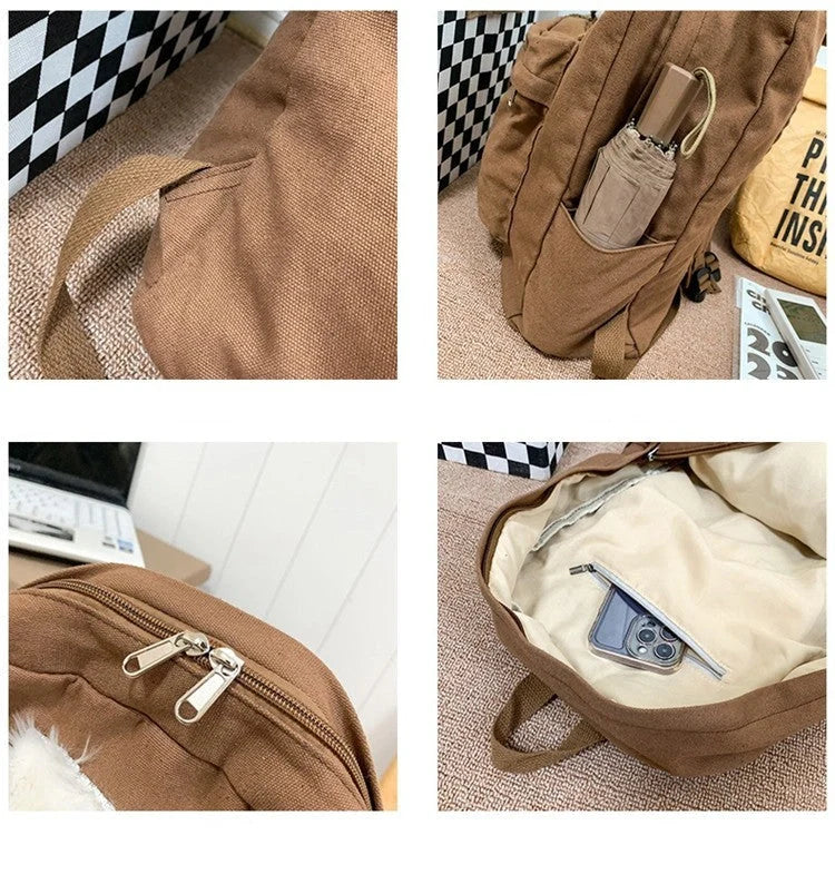 Brown canvas backpack with geometric patterns, ideal for female college students