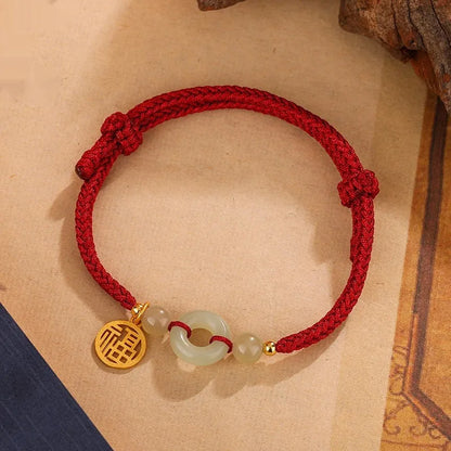 Silver geometric Hetian Jade peace buckle bracelet with carrying strap in black or wine red