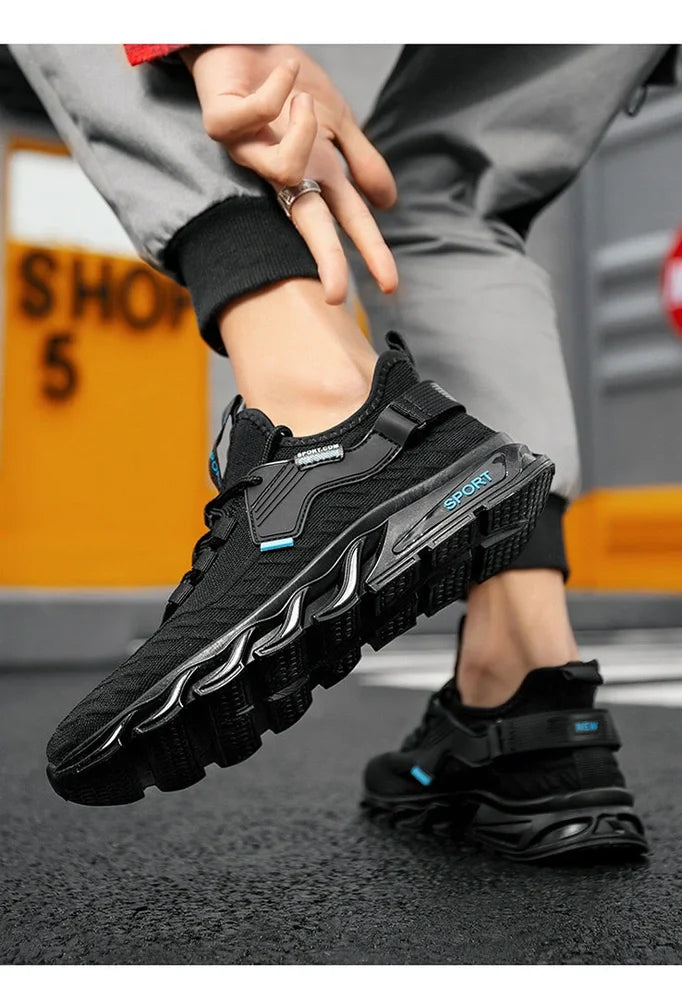 Flying woven breathable mesh sports shoes in black with blue accents showing mesh construction