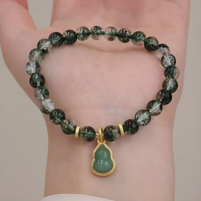 Natural citrine and green phantom quartz crystal bracelet with heart-shaped charms and pearl accents