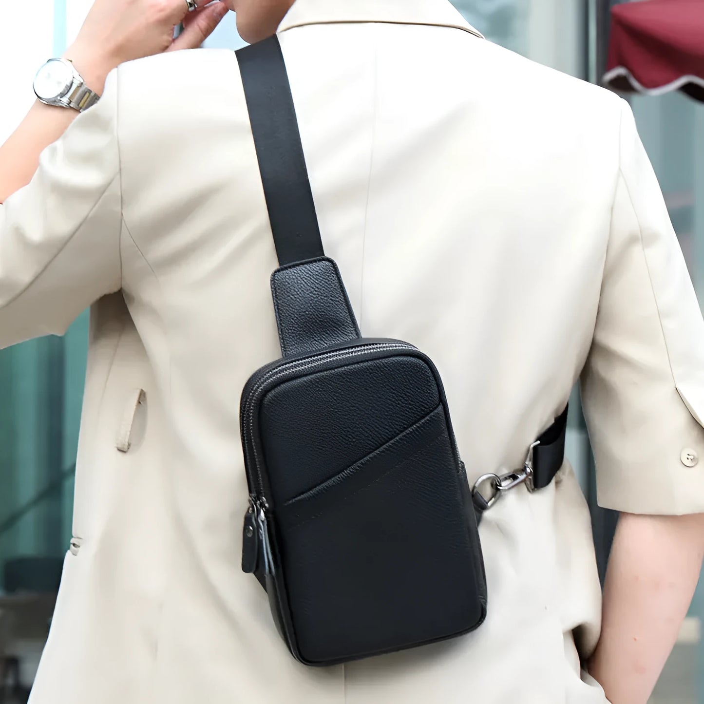 Men's genuine leather crossbody shoulder bag in urban simplicity style with chest bag design