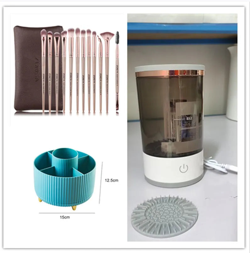Grey and white portable electric makeup brush cleaner machine with USB charging cable