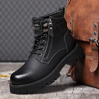 Men's brown high-top leather boots with side zipper, 3-5cm heel, and non-slip sole for winter wear