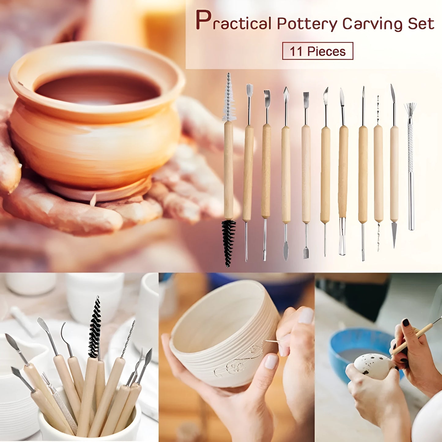 11-piece clay pottery tool set with wooden handles and stainless steel working ends