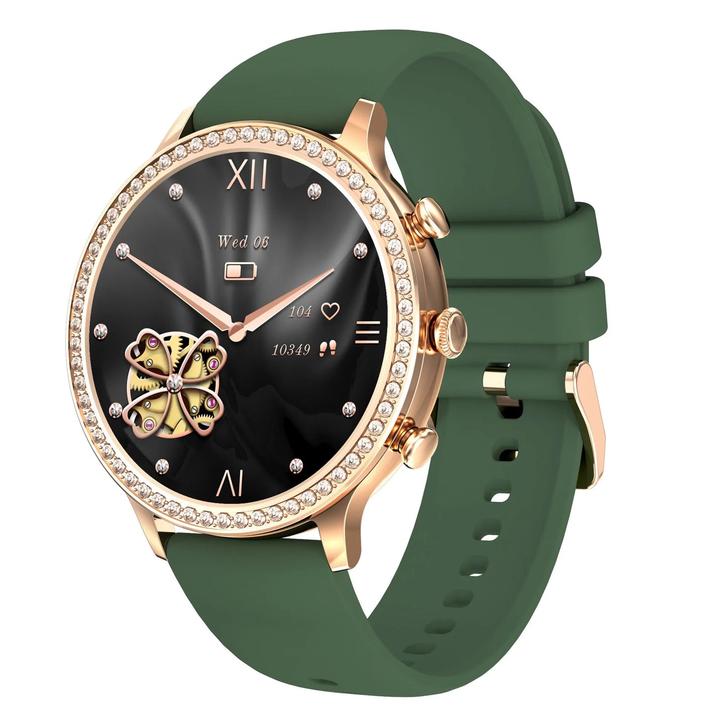 Women's smartwatch with Bluetooth calling on a silicone strap, showing gold and silver colour variants.