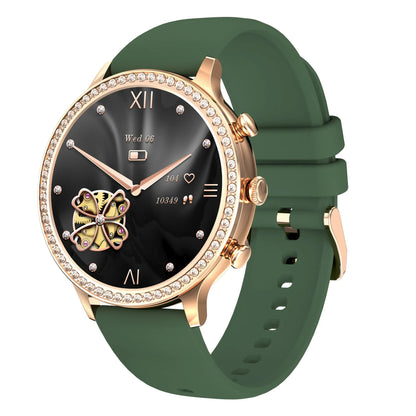 Women's smartwatch with Bluetooth calling on a silicone strap, showing gold and silver colour variants.